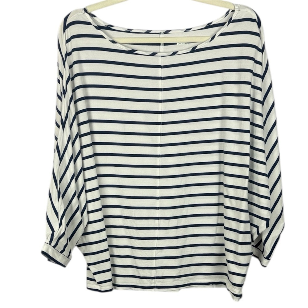 Lands' End Mariner Jersey Cotton Modal Blend Navy White Striped Bloatneck Top